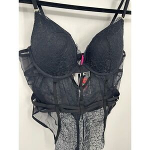 La Senza Black Lace Mesh Underwire Bodysuit Lingerie XL